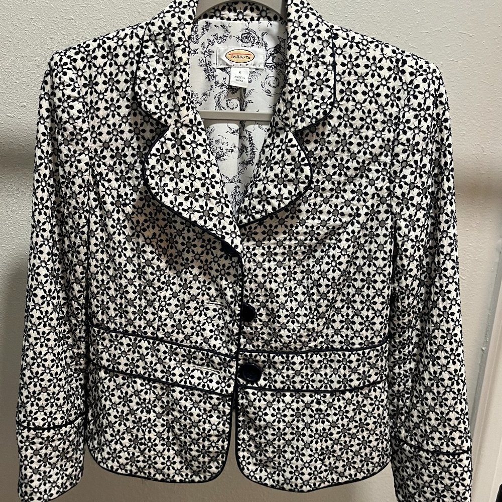 Talbots Jacket Eyelet Blue and White Toile Lined Women's Size 6 Petite-Preowned